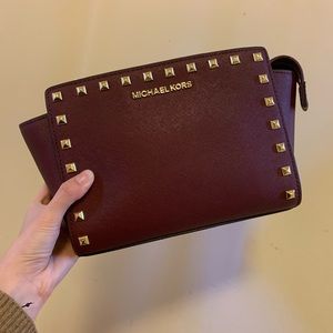 Michael Kors Selma Burgundy Leather Gold Studded Medium Messenger